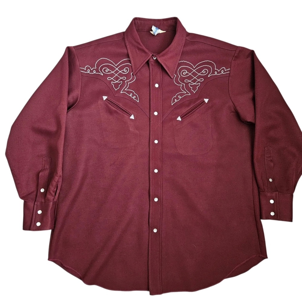 Vintage Burgundy Western Embroidered Men Button Down Pearl Snap Shirt XXL Cowboy